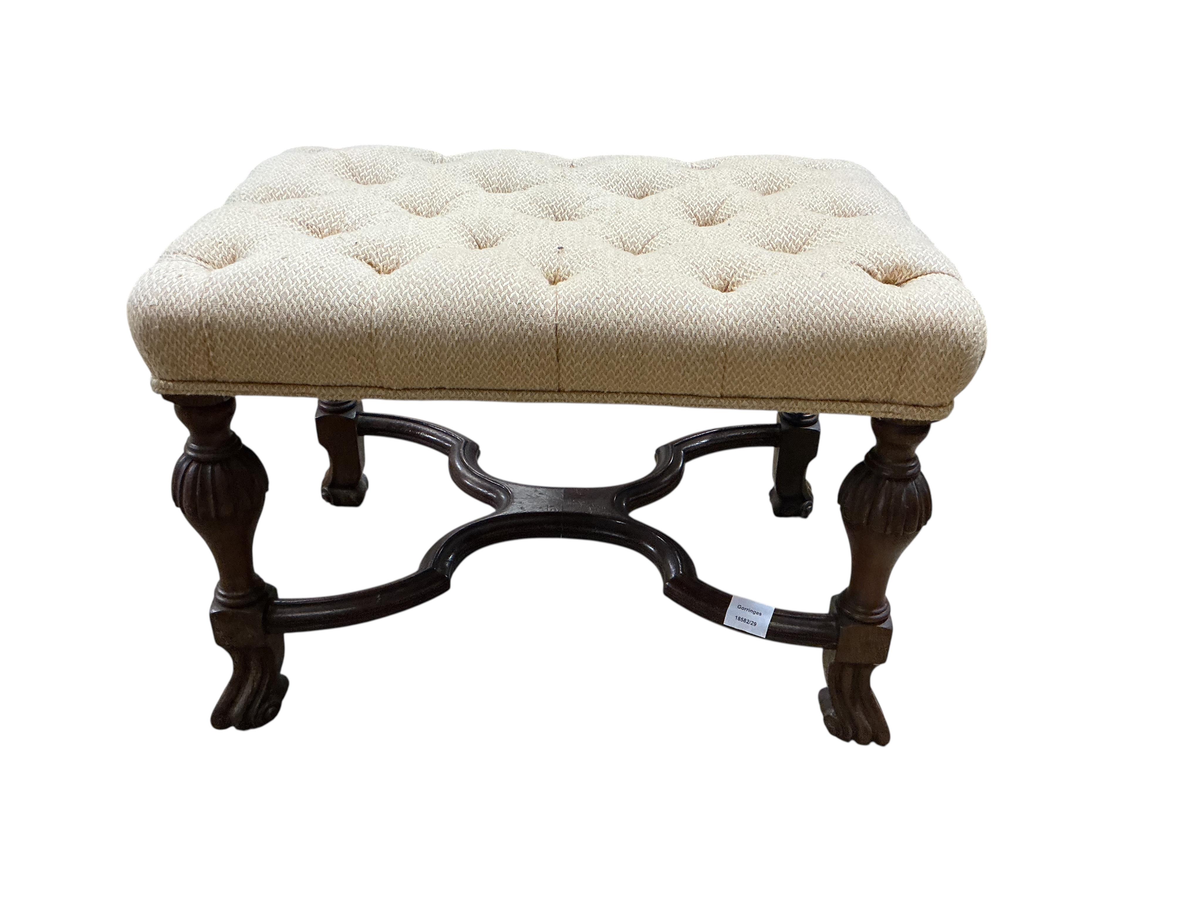 A William and Mary style walnut dressing stool, with a buttoned upholstered seat, width 63cm, depth 43cm, height 45cm